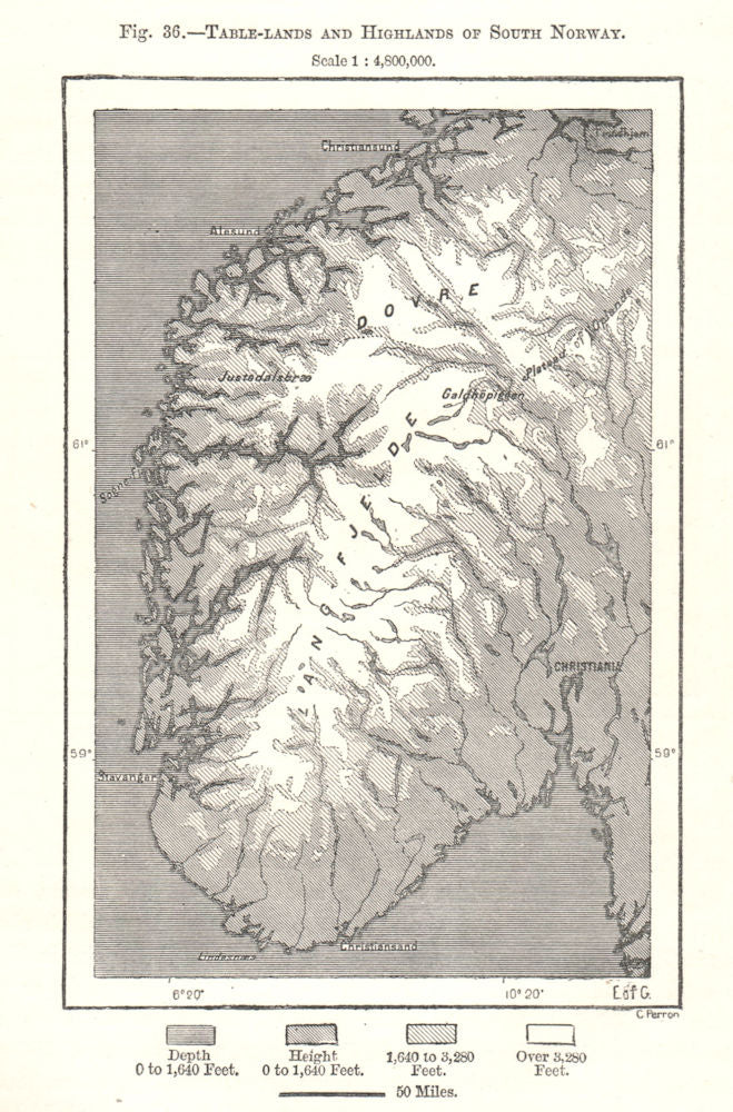Table-lands and Highlands of South Norway. Sketch map 1885 old antique
